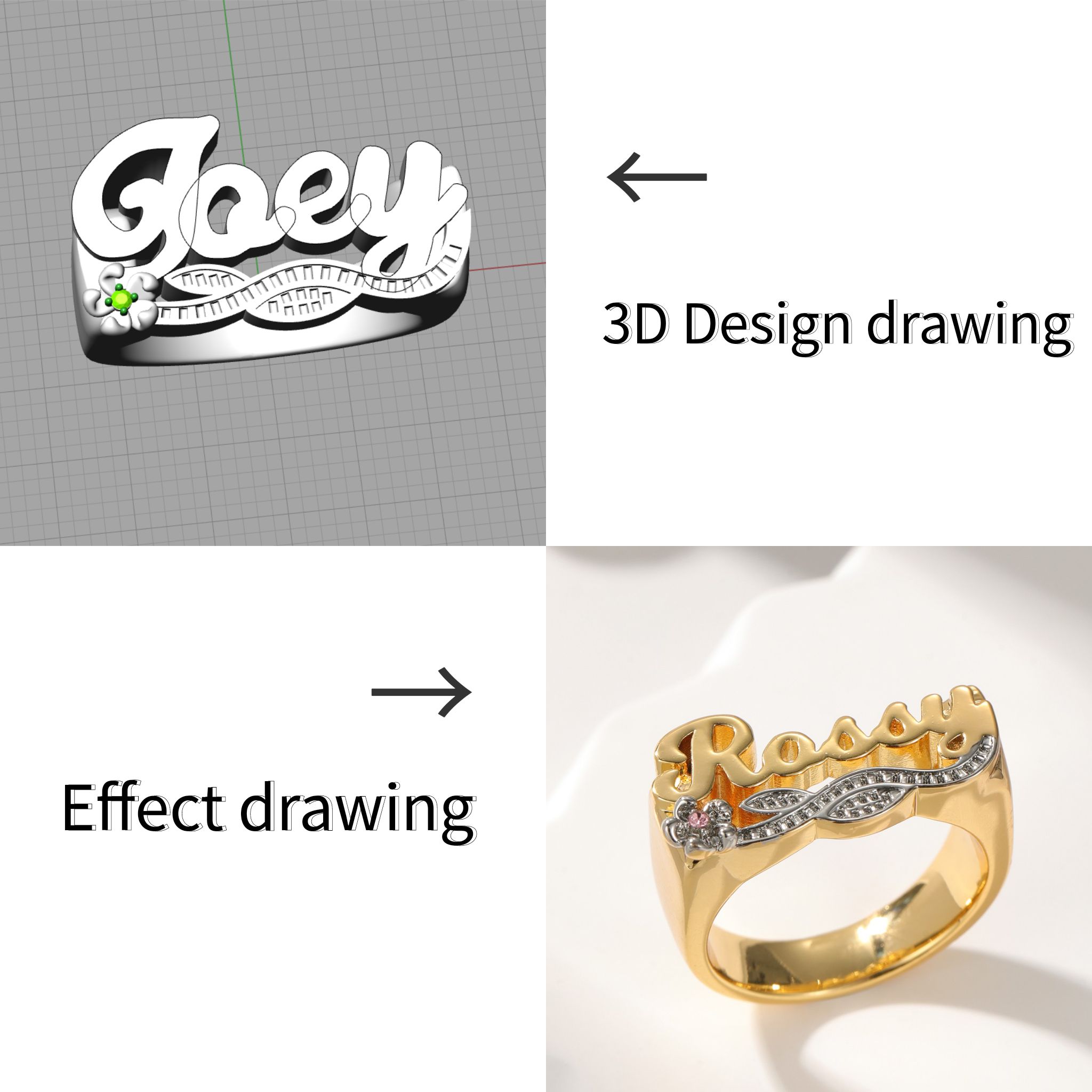 Nhẫn khắc tên 3D, nhẫn kim cươ - đánh giá và giá Initial Ring Custom